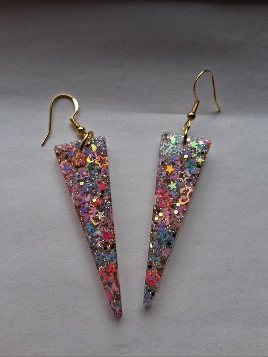 Hand Crafted Jewelry - Hand Crafted Multicolor Glitter Star & Heart Triangle Drop Earrings